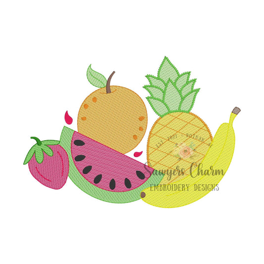 Group of fruit sketch stitch machine embroidery design file, Two-tti fruity, summer, watermelon, pineapple, strawberry, banana, orange
