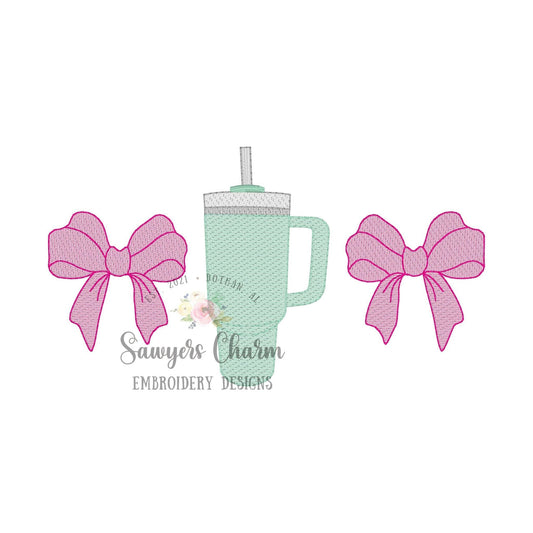 Tumbler to go water cup with straw & bows trio sketch stitch machine embroidery design file, quick stitch, spring, summer, girl, coquette