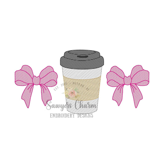Coffee cup to go with bows trio sketch stitch machine embroidery design file, quick stitch, spring, summer, girl, coquette, mom life