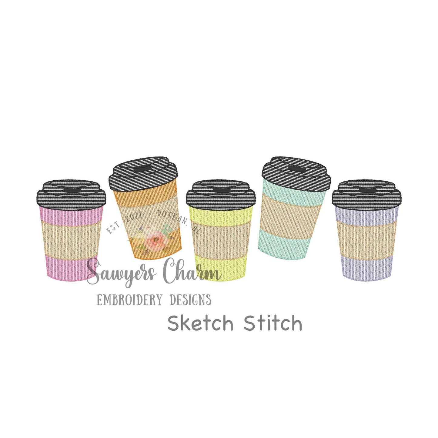 Coffee cups to go in a row, sketch stitch machine embroidery design file, quick stitch, sleeves, drinks, mom life on the go, cappuccino