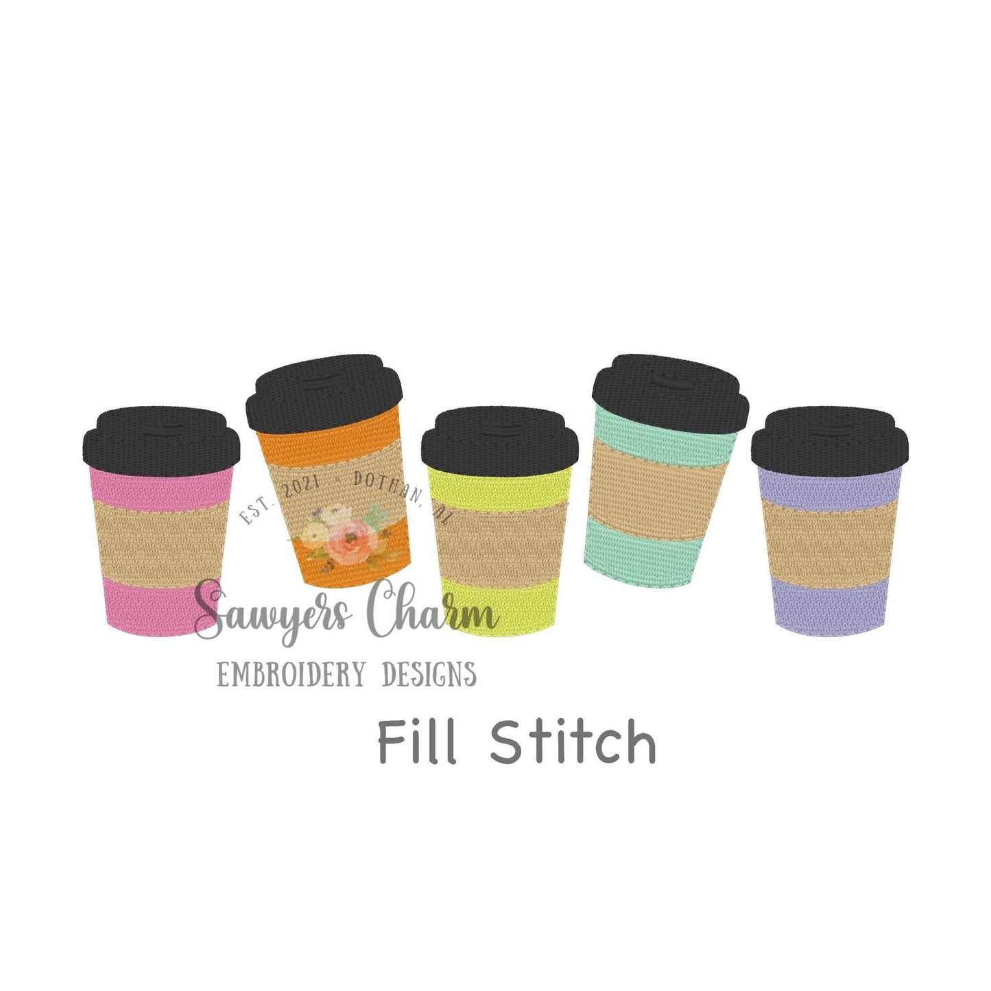 Coffee cups to go in a row, fill stitch machine embroidery design file, sleeves, drinks, mom life on the go, cappuccino