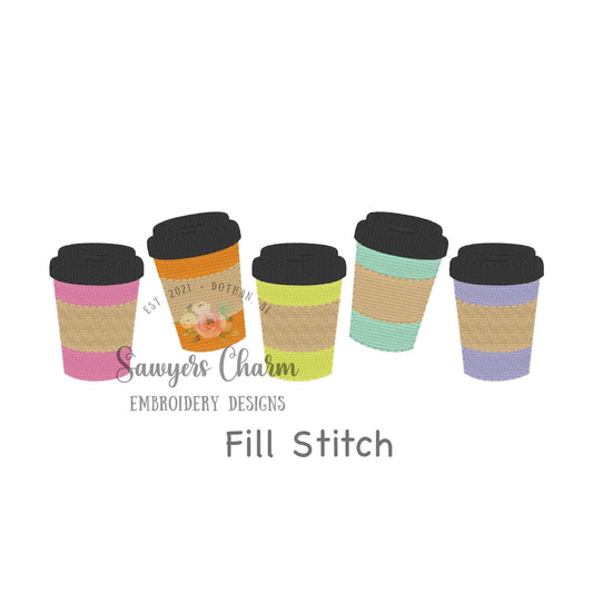 Coffee cups to go in a row, fill stitch machine embroidery design file, sleeves, drinks, mom life on the go, cappuccino