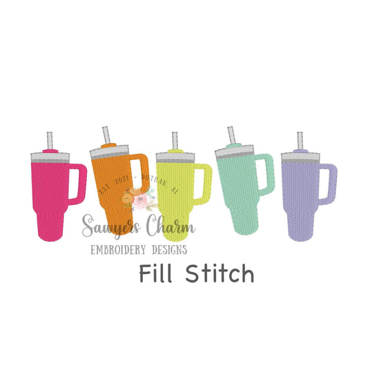Tumbler to go water cups with straw in a row, fill stitch machine embroidery design file, spring, summer, girl, coquette, mom on the go life
