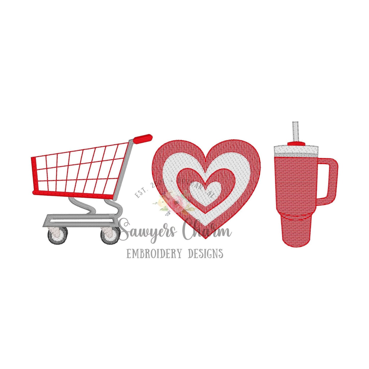 Shopping cart, heart bullseye, to go tumbler cup trio sketch stitch machine embroidery design file, quick stitch, mom life, mini me,