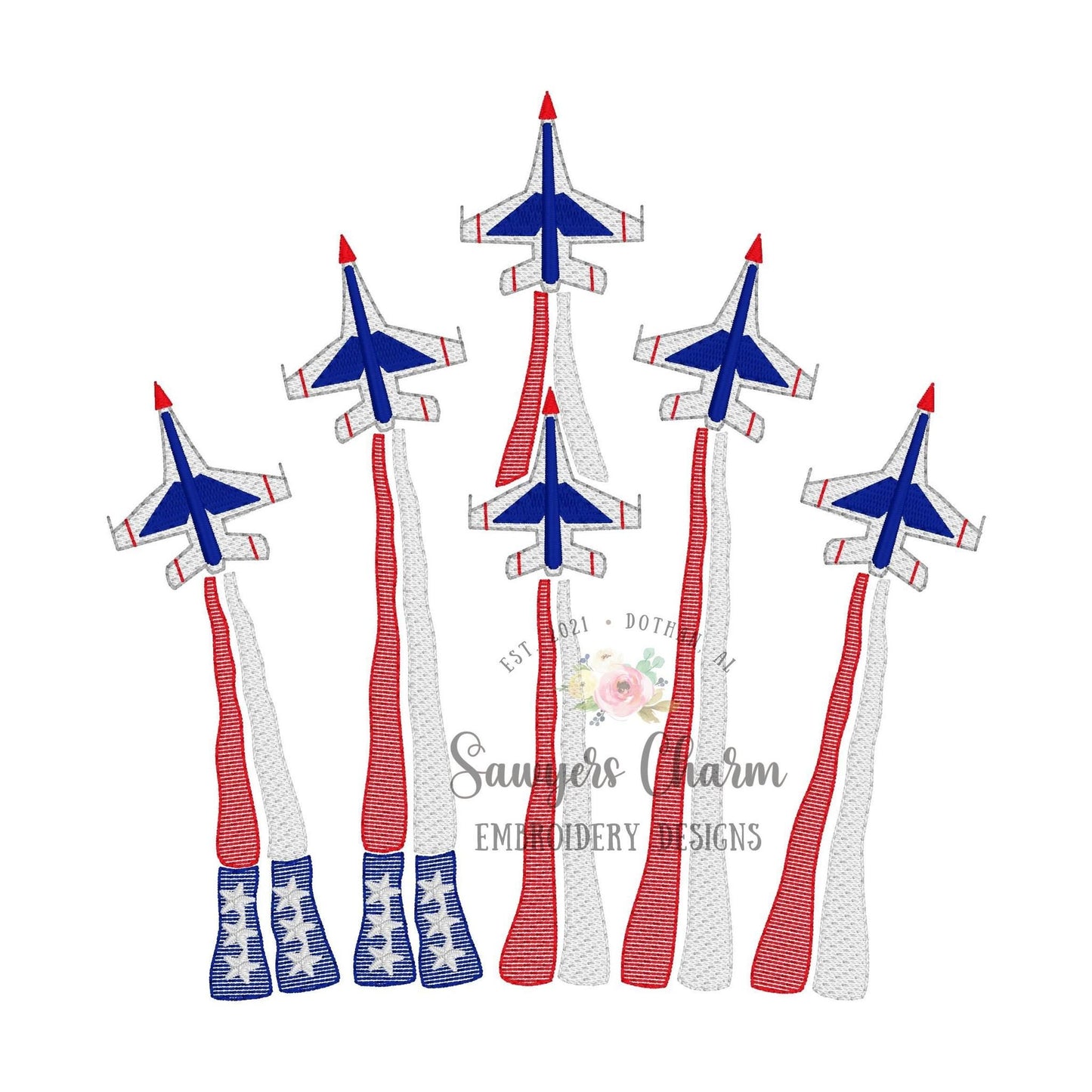 Red/white/blue jets, stars/stripes, flag smoke sketch stitch machine embroidery design file, July 4th, patriotic, summer, America, air show