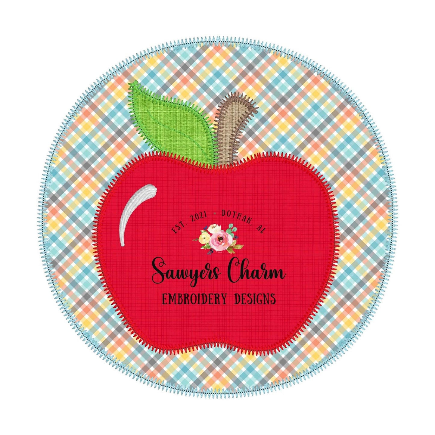BUNDLE Apple in circle patch, bean & zig zag stitch applique machine embroidery design file, back to school, quick stitch