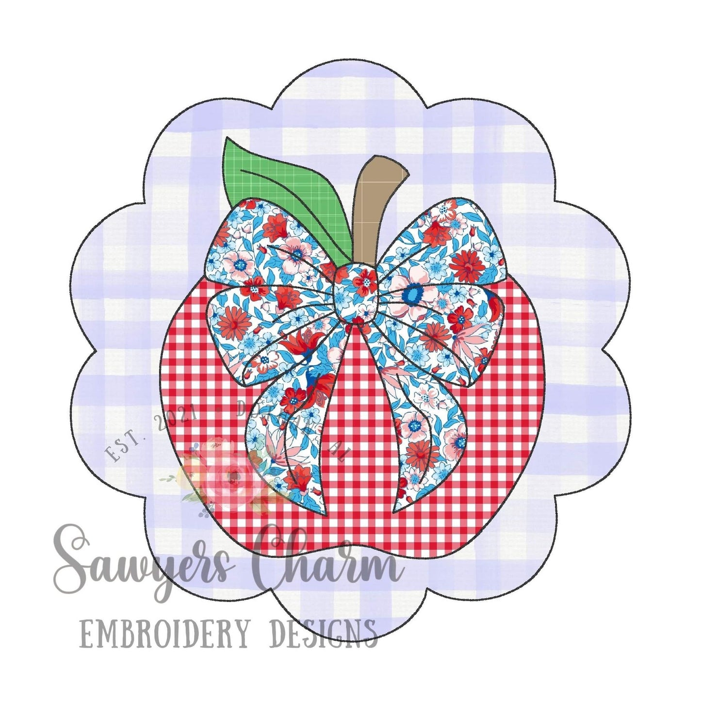 BUNDLE Applewith bow in scallop patch, bean & zig zag stitch applique machine embroidery design file, back to school, quick stitch