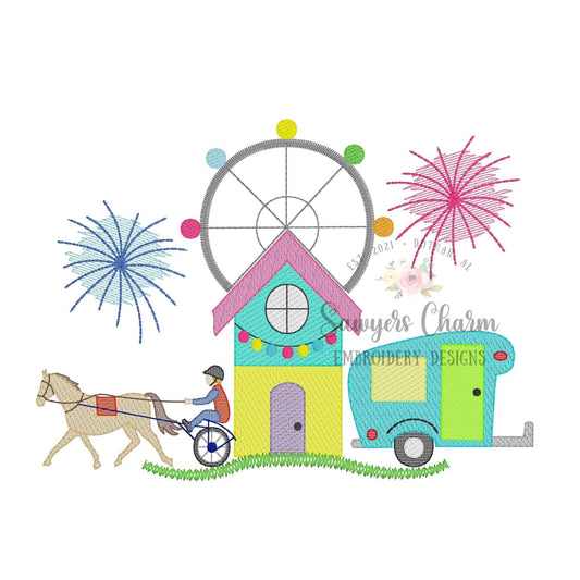 Horse trotting racer, ferris wheel, colorful cabin, camper, fireworks fair scene sketch stitch machine embroidery design file, county fair