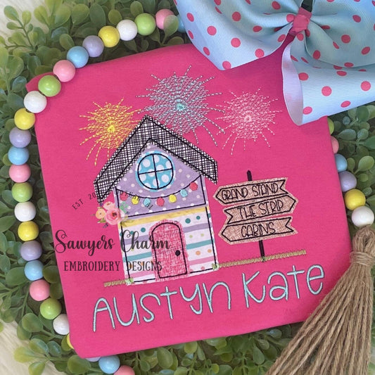Colorful cabin with signs, lights, & fireworks fair scene bean stitch machine applique embroidery design file, county fair, summer, rides