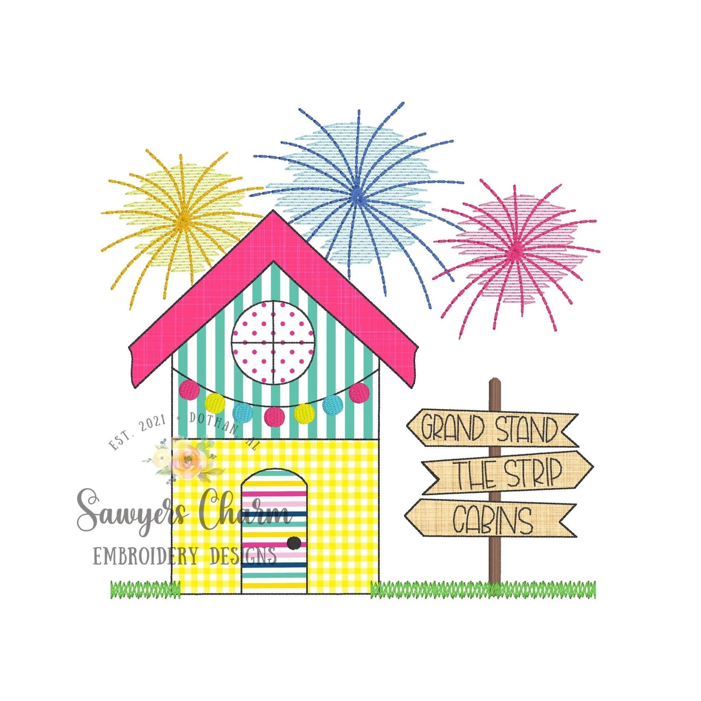 Colorful cabin with signs, lights, & fireworks fair scene bean stitch machine applique embroidery design file, county fair, summer, rides