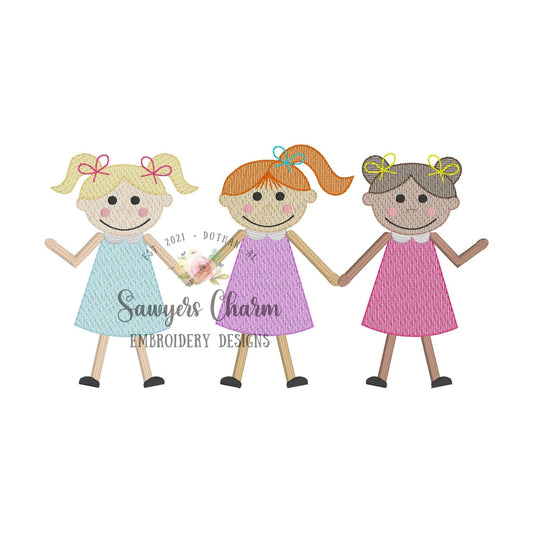Girl best friends holding hands sketch stitch machine embroidery design file, quick stitch, dresses, summer, pigtails, bows, bun, ponytail