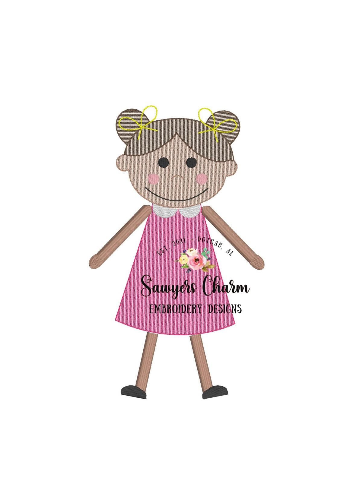 Little girl with buns & bows in dress light fill sketch stitch machine embroidery design file, quick stitch, paper doll, several sizes