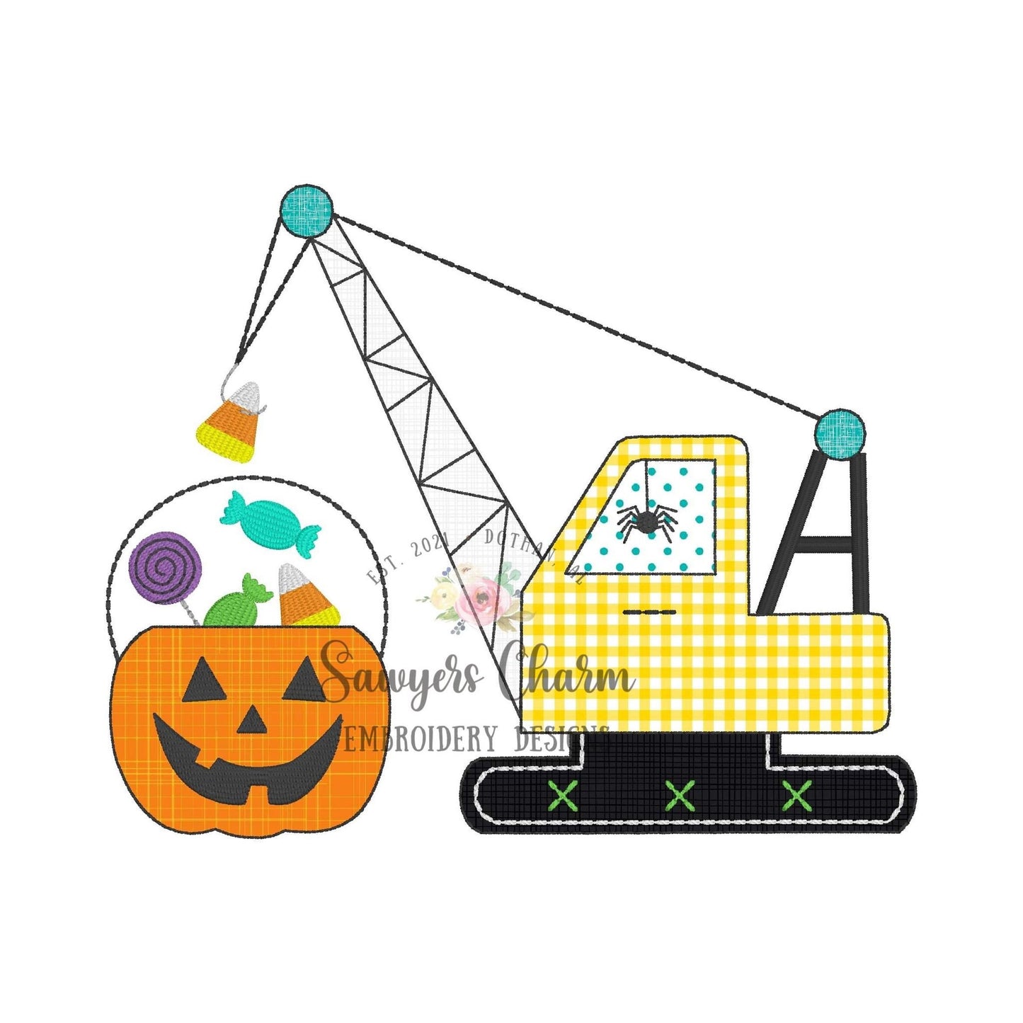 Halloween crane bean stitch machine applique embroidery design, quick stitch, construction digger truck transportation jackolantern candy