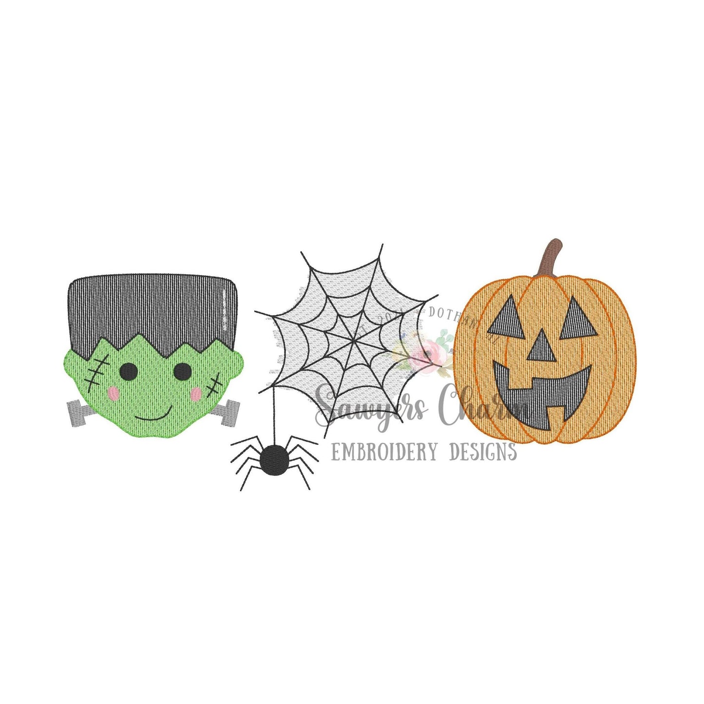 Frankenstein, spiderweb, jackolantern sketch stitch trio machine embroidery design file, Halloween, spooky season, quick stitch, fall