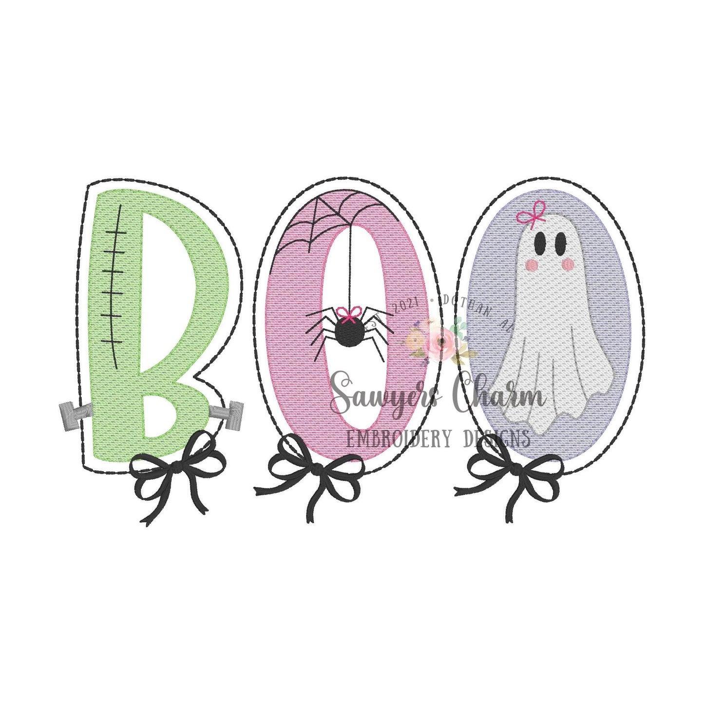 BOO girl with bows sketch stitch machine embroidery design file, fall, Halloween, spiderweb, ghost, coquette, Frankenstein, spooky, scary