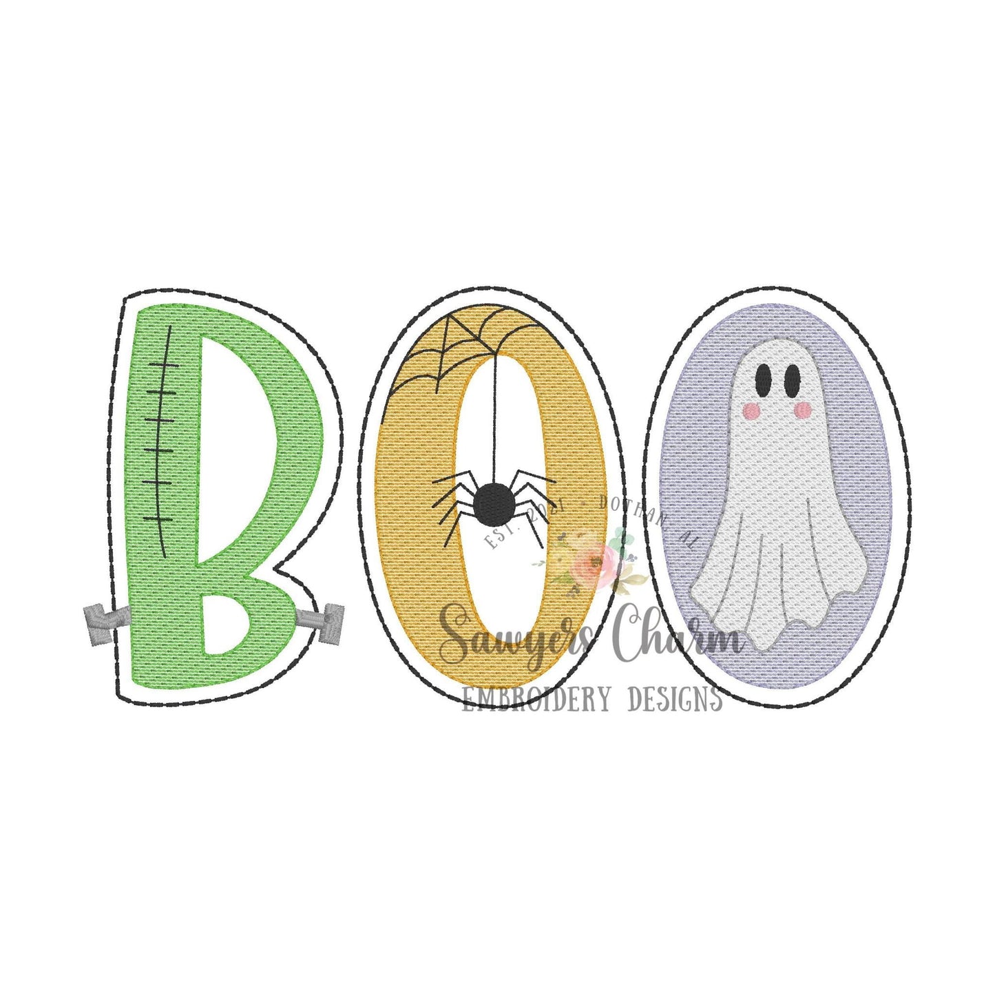 BOO boy with bows sketch stitch machine embroidery design file, fall, Halloween, spiderweb, ghost, Frankenstein, spooky, scary season