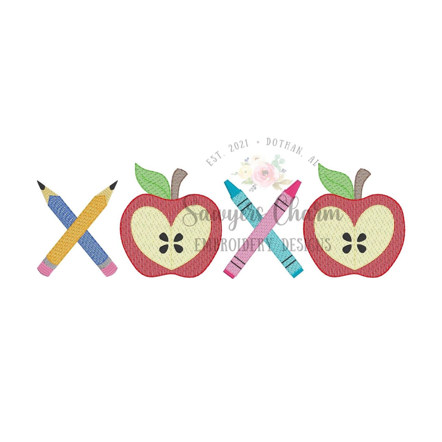 XOXO pencils, crayons, apple trio sketch stitch machine embroidery design file, quick stitch, colors, back to school, supplies, heart, love