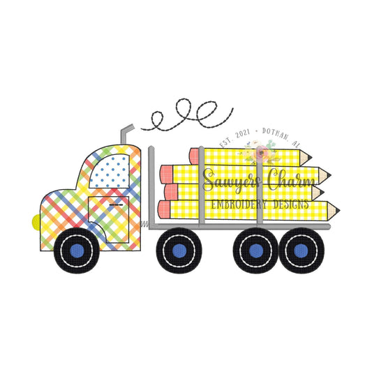 Back to school logging truck with pencils bean stitch applique machine embroidery design file, transportation vehicle, truck, semi big rig