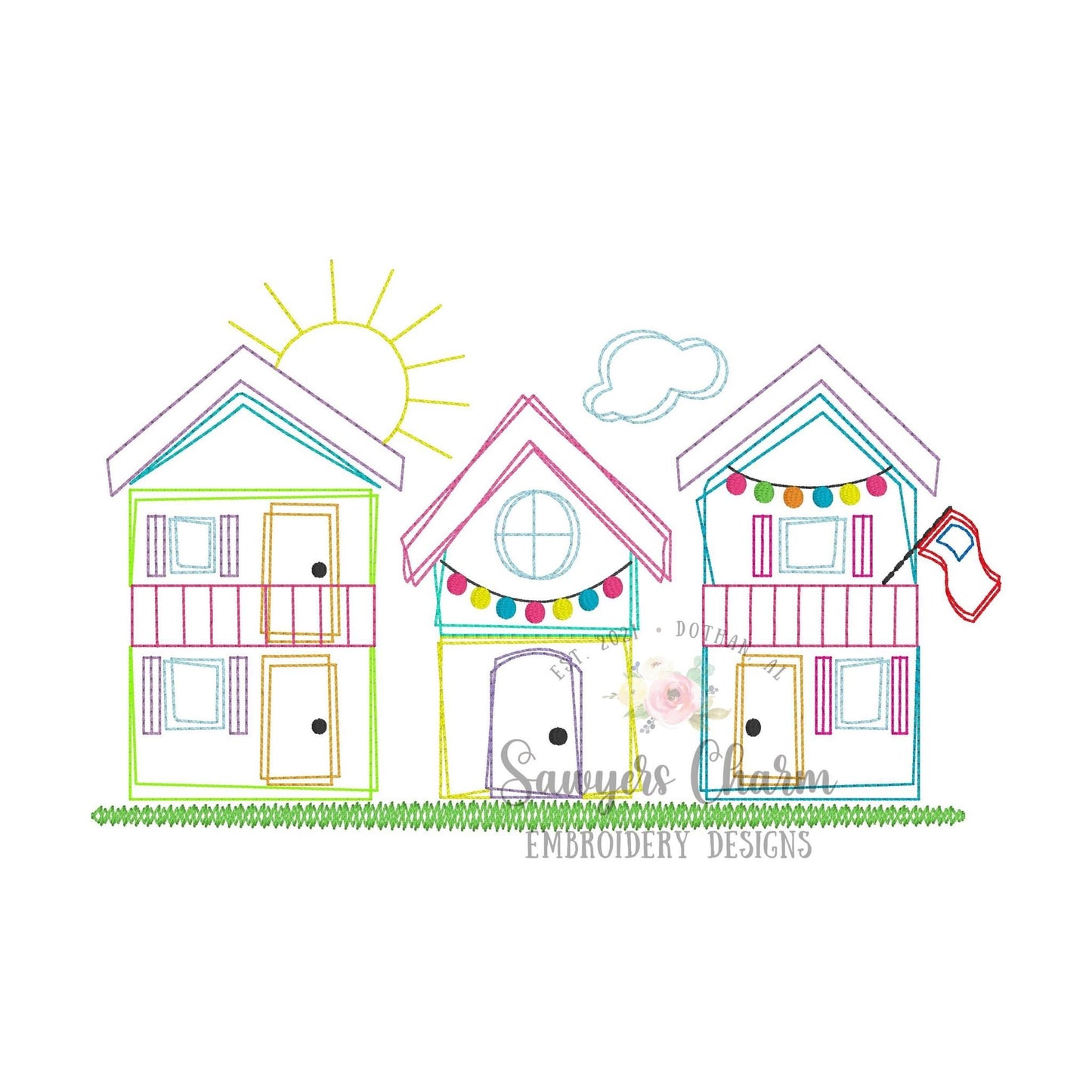 Colorful cabins trio bean stitch machine embroidery design file, quick stitch, county fair, flag, sunshine, lights, outdoors, summer fun