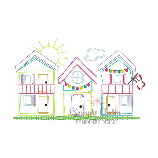 Colorful cabins trio bean stitch machine embroidery design file, quick stitch, county fair, flag, sunshine, lights, outdoors, summer fun