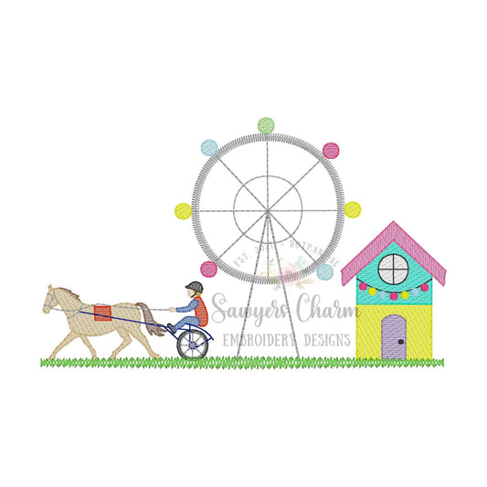 Horse trotting racer, ferris wheel, colorful cabin sketch stitch trio machine embroidery design file, county fair, outdoors, summer, rides