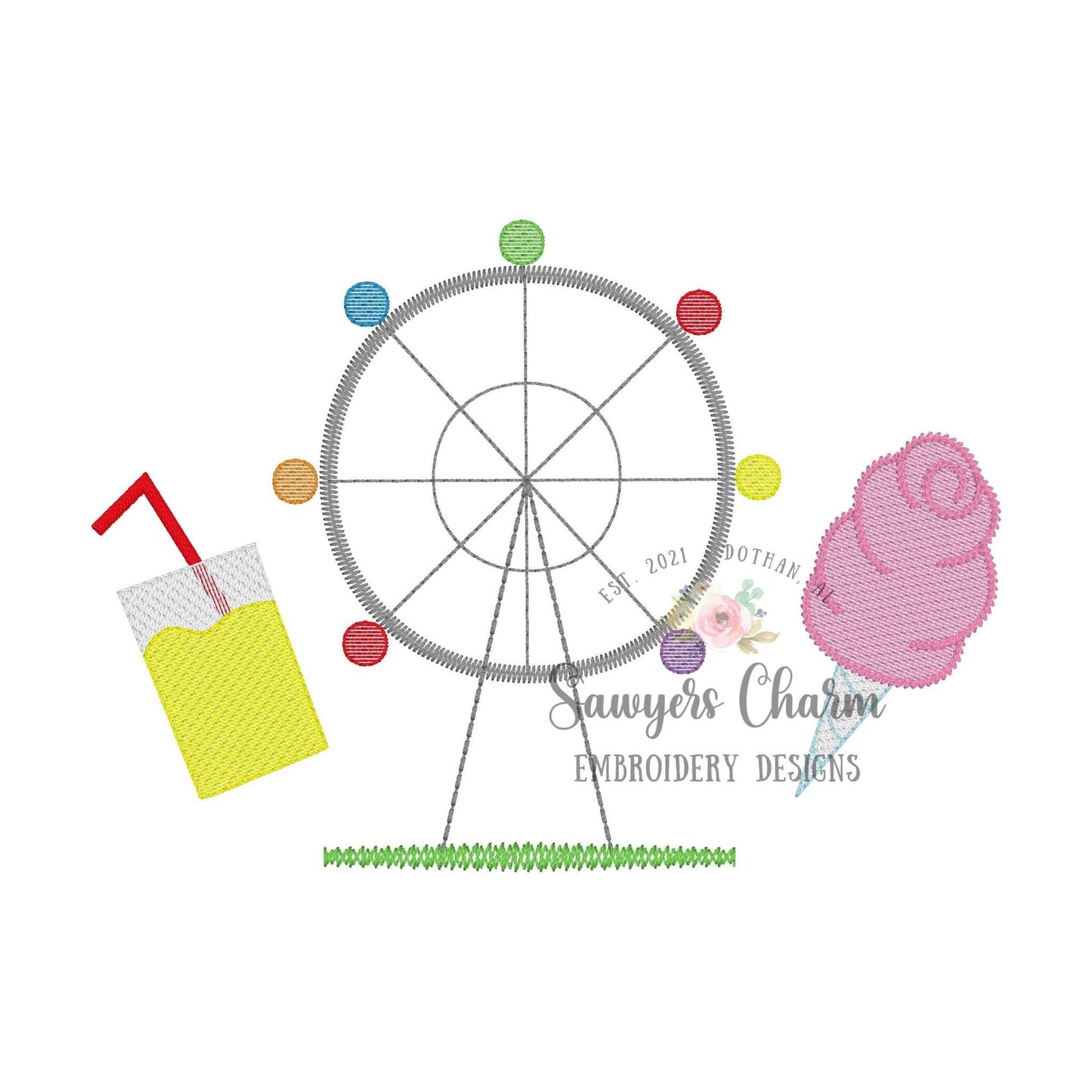 Lemonade, ferris wheel, cotton candy sketch stitch trio machine embroidery design file, county fair, outdoors, summer, rides, fair food