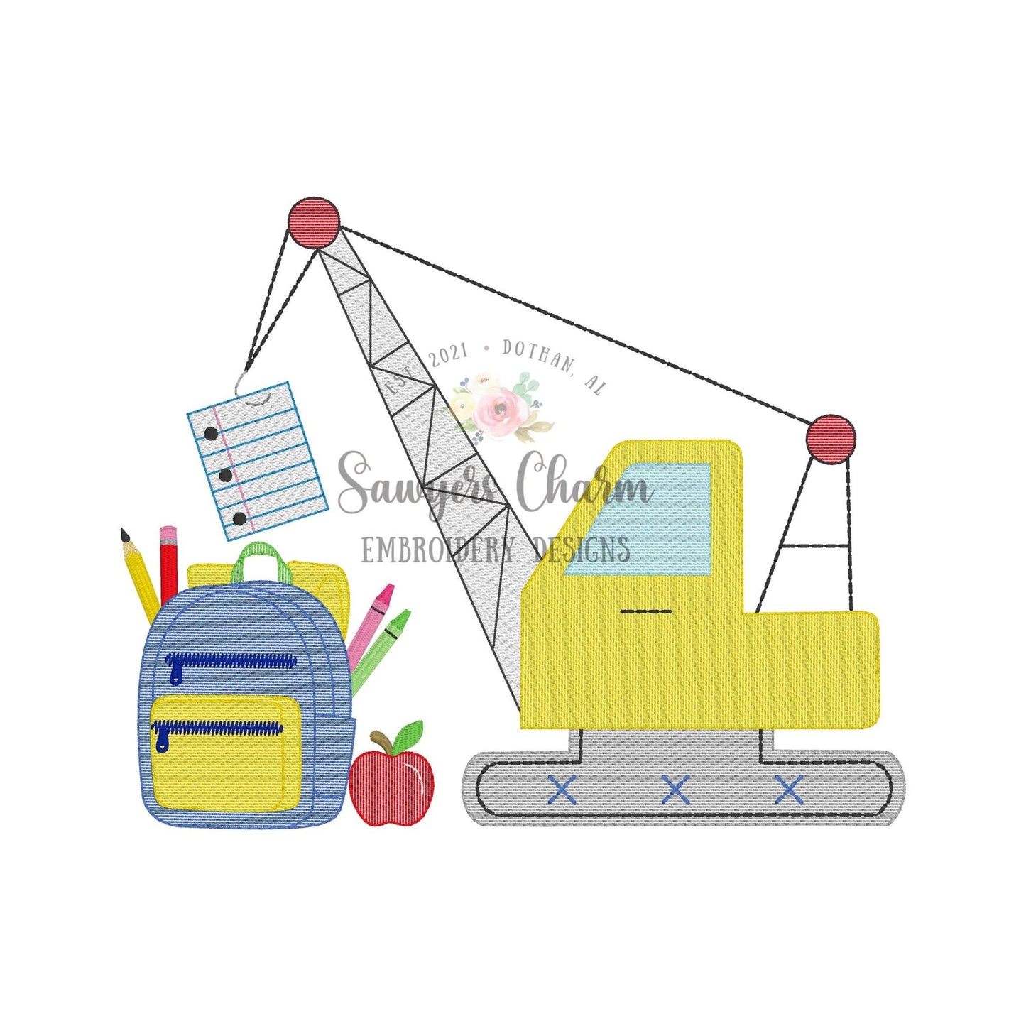 Back to School crane sketch stitch machine embroidery design, quick stitch, construction digger truck transportation, backpack, supplies