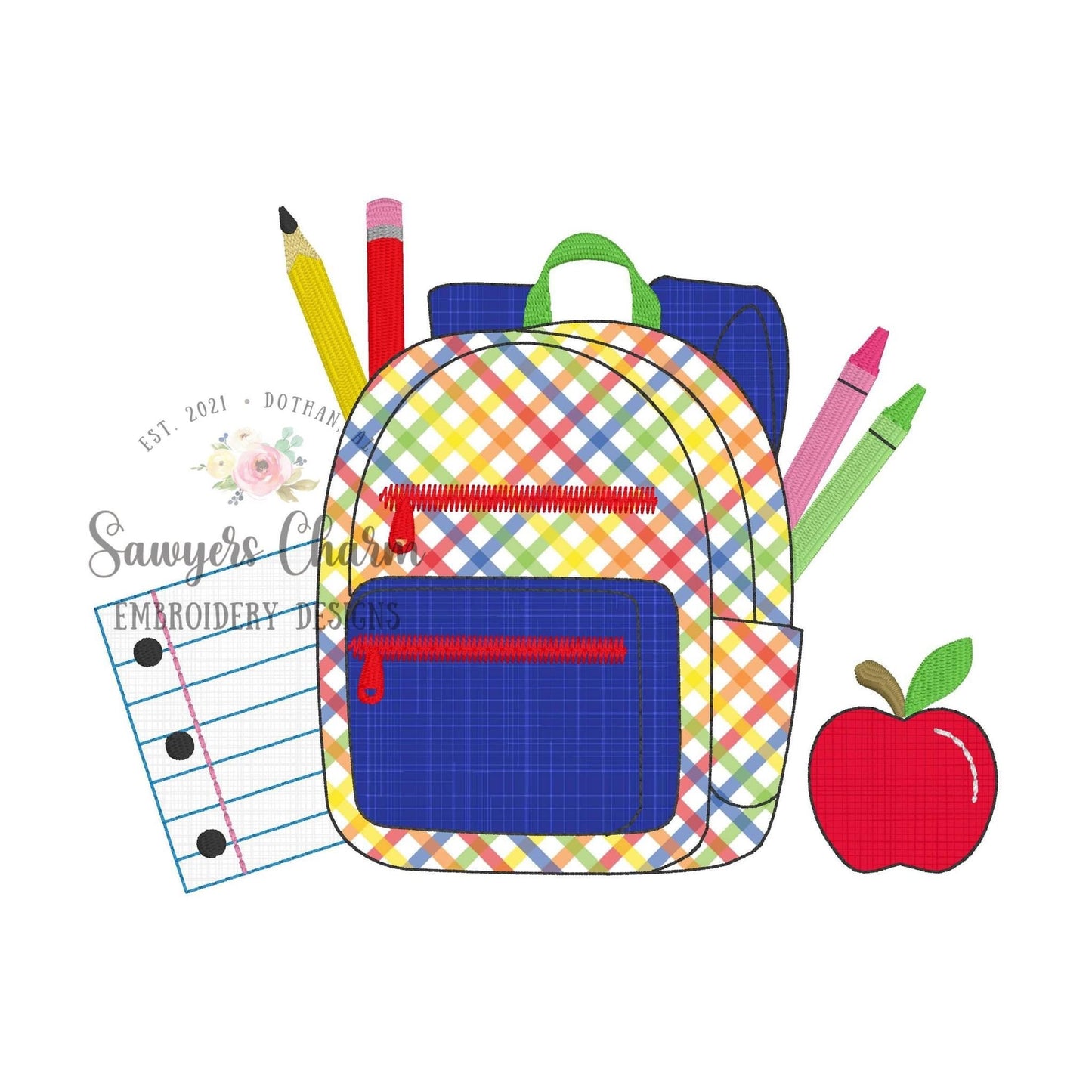 BUNDLE Backpack bean stitch machine applique embroidery design, with/without bow, quick stitch, school supplies, apple, pencil, crayons