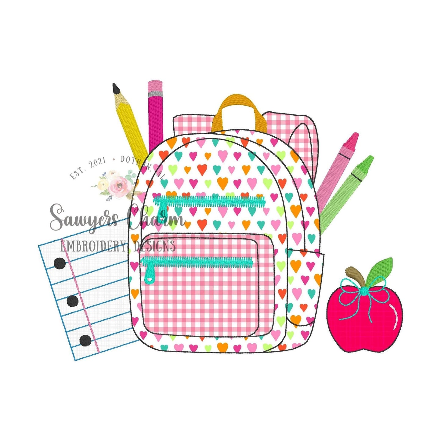 BUNDLE Backpack bean stitch machine applique embroidery design, with/without bow, quick stitch, school supplies, apple, pencil, crayons