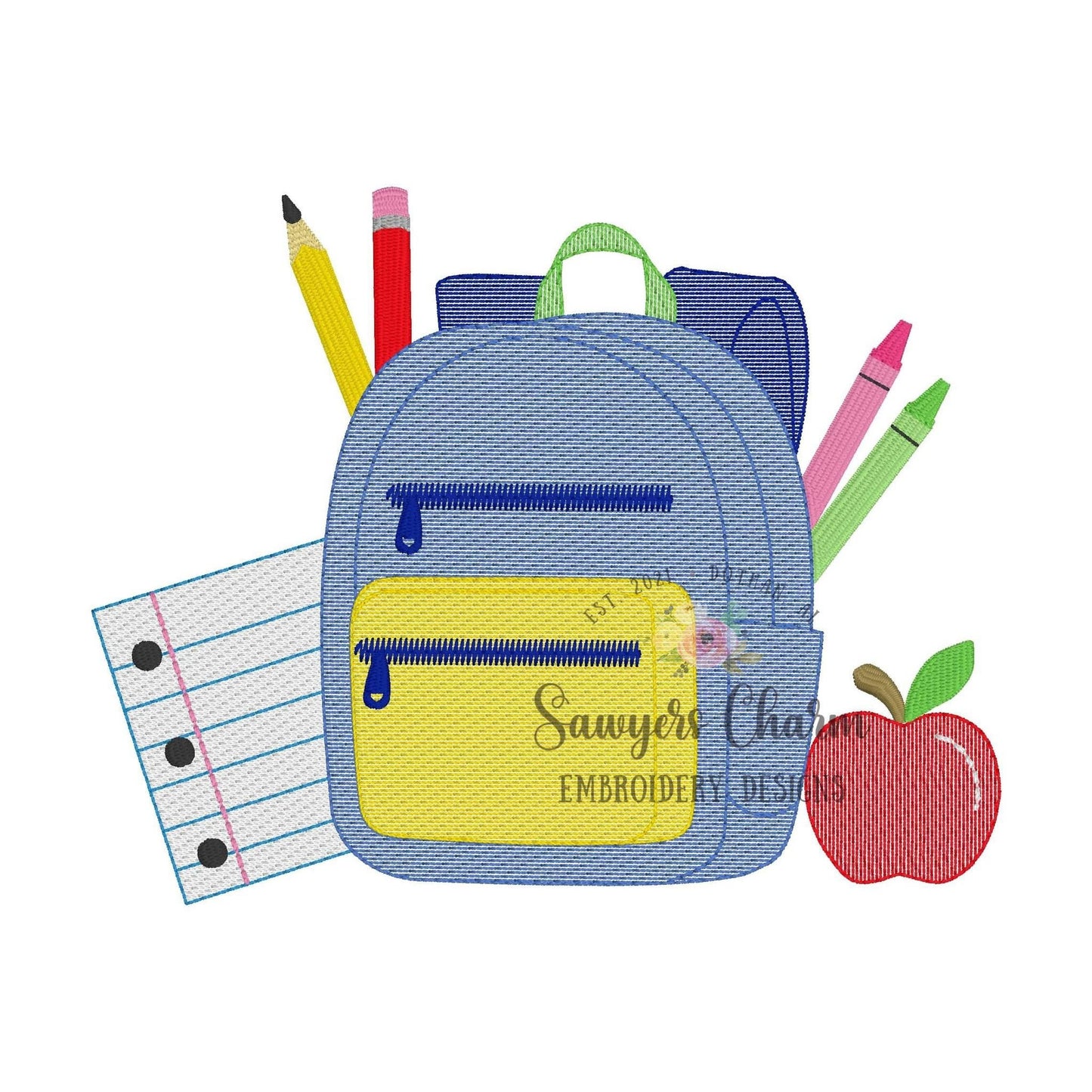 BUNDLE Backpack sketch stitch machine embroidery design, with/without bow, quick stitch, school supplies, apple, pencil, crayons, notebook
