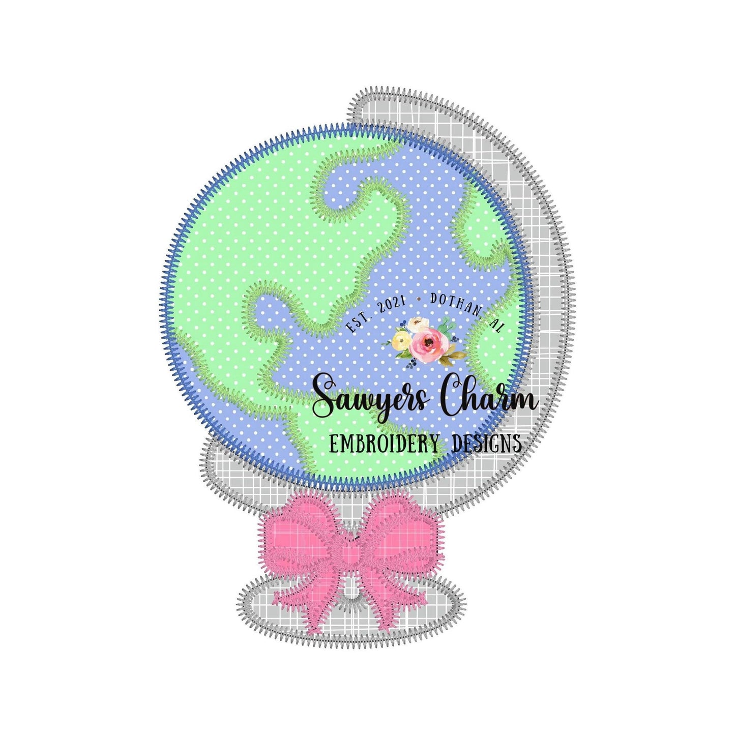 BUNDLE Globe with bow bean & zig zag stitch applique, machine embroidery design file, quick stitch, Back to school, planet earth, geography