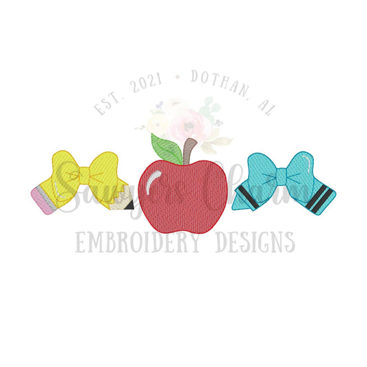 Crayon & pencil bow apple trio sketch stitch machine embroidery design file, quick stitch, colors, back to school, coquette, school supplies