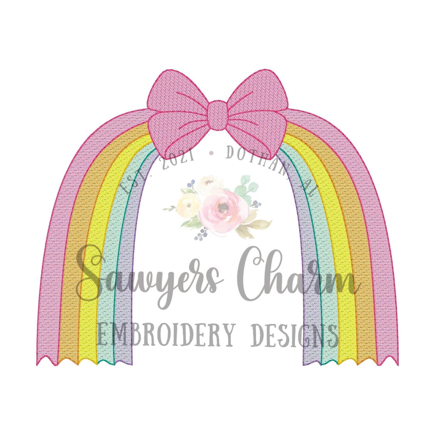 Boho bow with streamers rainbow sketch stitch machine embroidery design file, coquette, little girl, ribbons, bean stitch details, summer