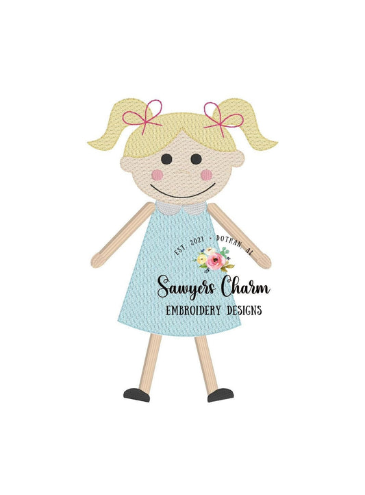 Little girl with pigtails & bow in dress light fill sketch stitch machine embroidery design file, quick stitch, paper doll, several sizes