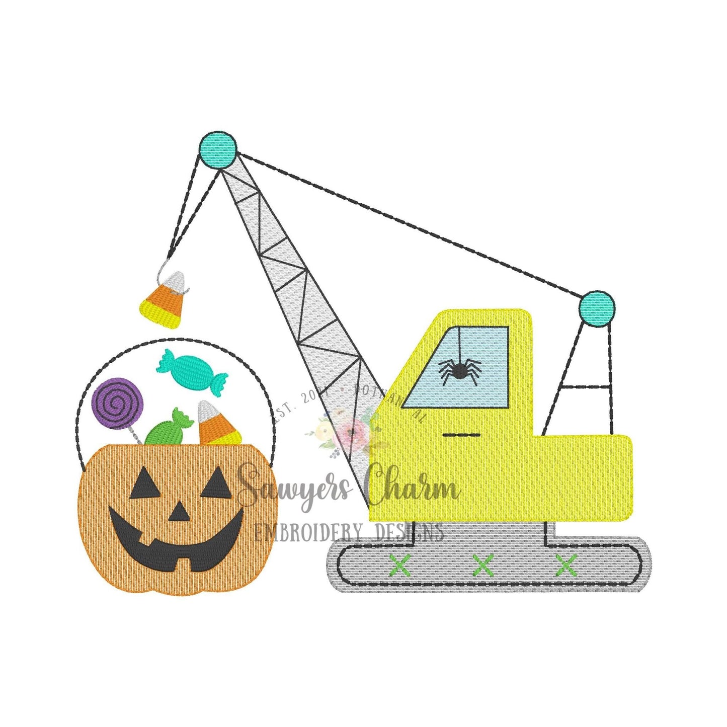 Halloween crane sketch stitch machine embroidery design, quick stitch, construction digger truck transportation jackolantern candy, spooky