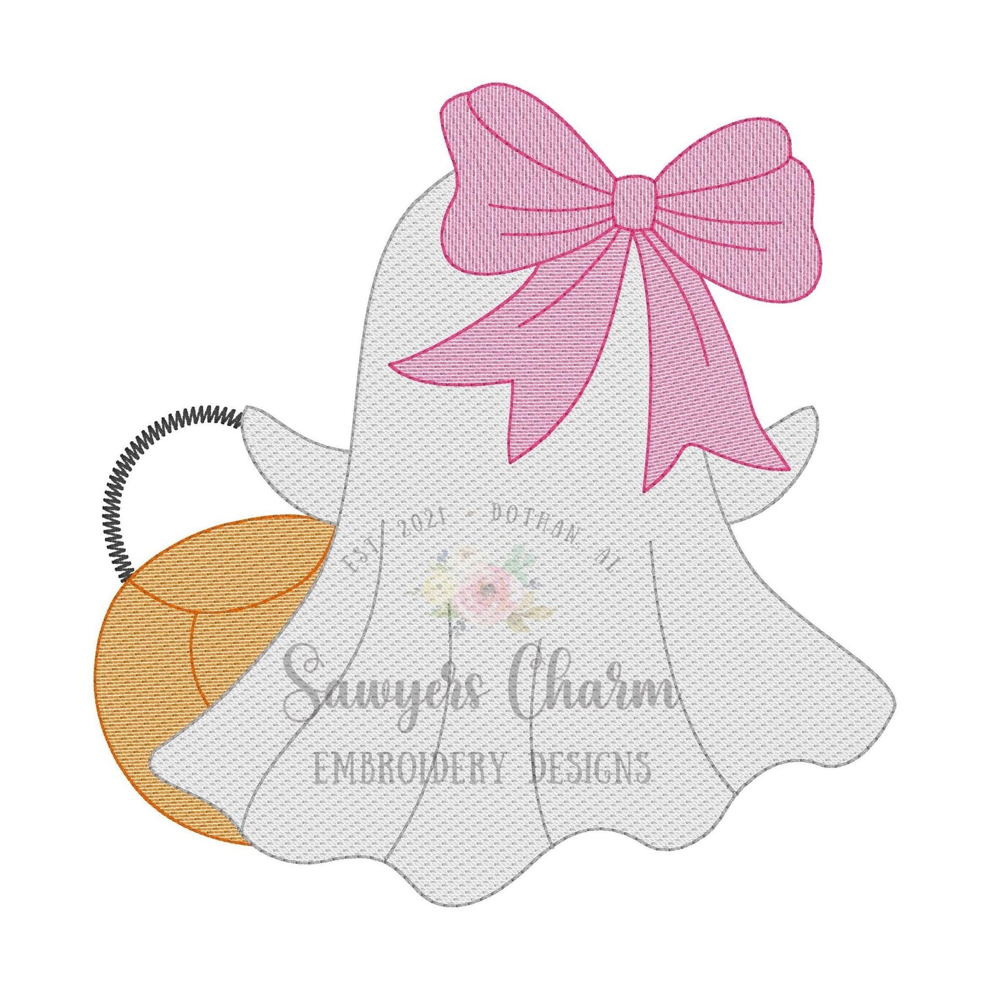 Ghost with bow & candy bucket sketch stitch machine applique embroidery design, quick stitch, fall, halloween, spooky season, trick or treat