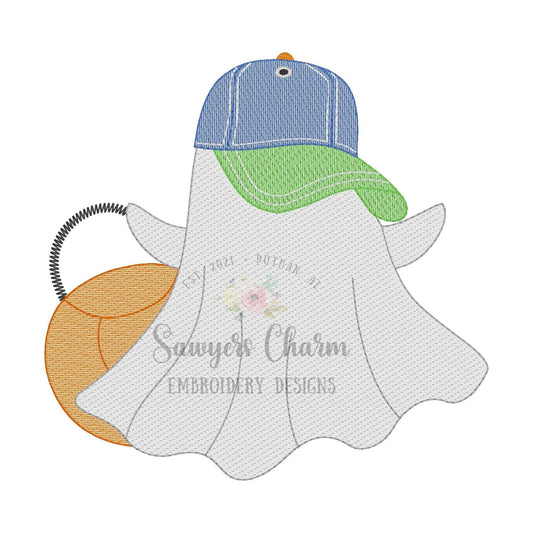 Ghost with ballcap & candy bucket sketch stitch machine applique embroidery design, quick stitch, fall, Halloween, spooky, trick or treat