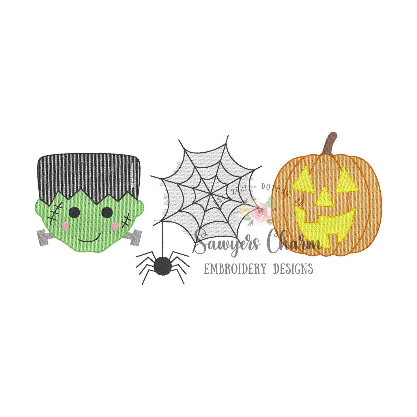 Frankenstein, spiderweb, jackolantern sketch stitch trio machine embroidery design file, Halloween, spooky season, quick stitch, fall