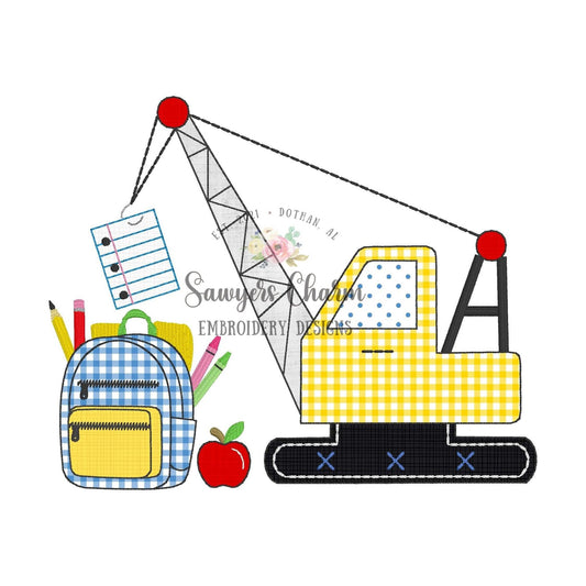 School crane bean stitch machine applique embroidery design, quick stitch, construction digger truck transportation, backpack, supplies