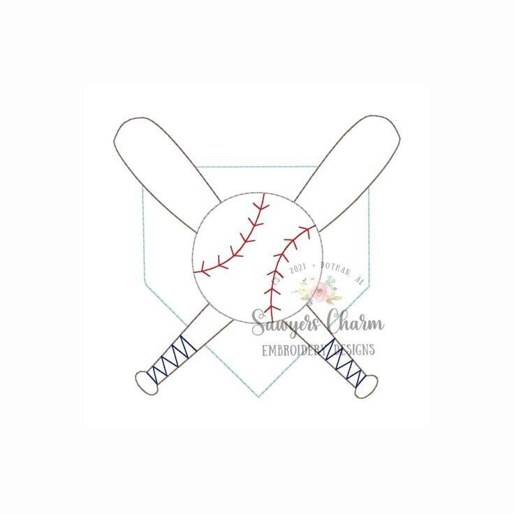 Vintage bean stitch baseball, bats, home plate machine embroidery design file, Perfect for monogram, quick stitch, sports fan, game day
