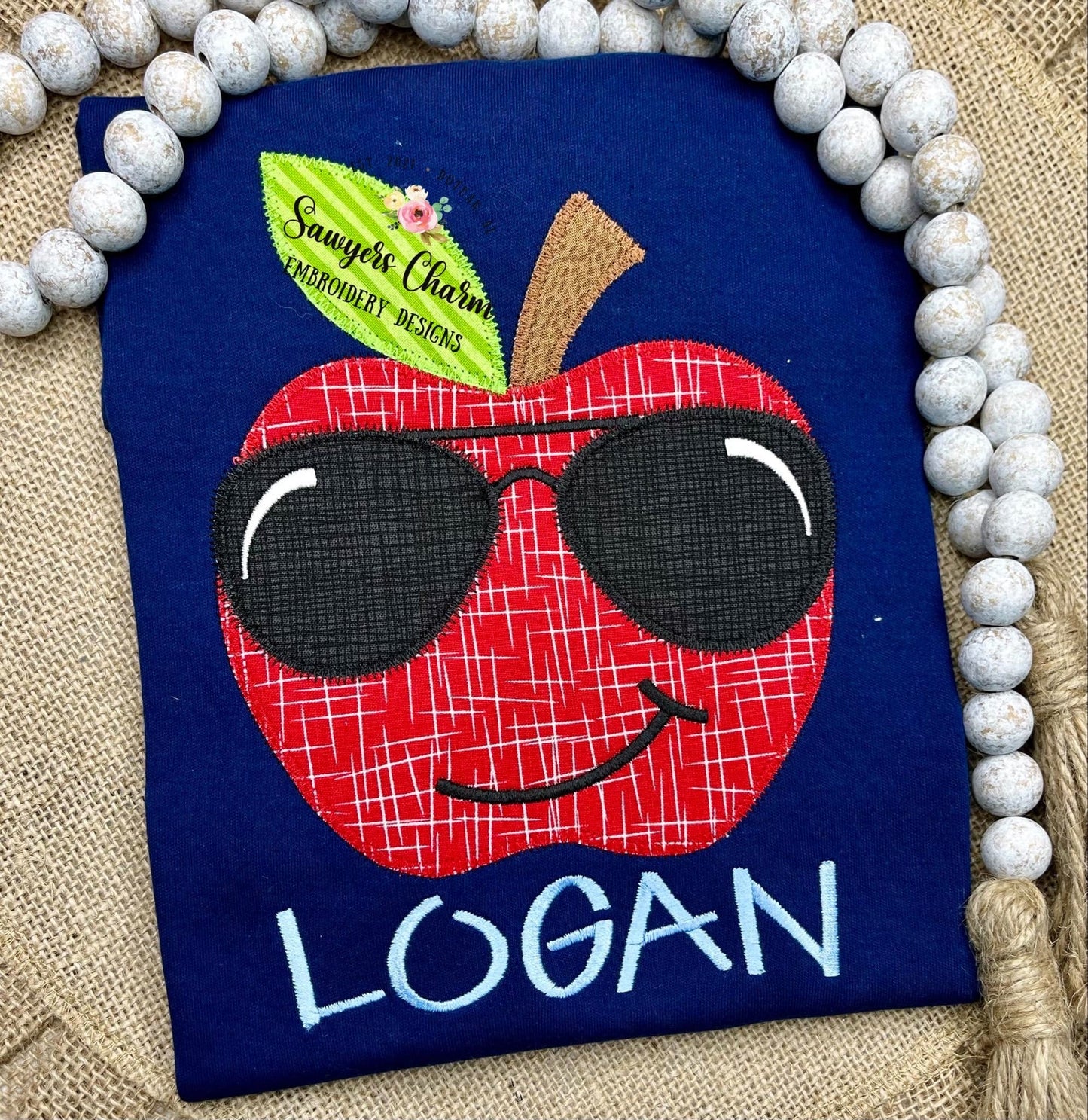 BUNDLE Apple with sunglasses zigzag & bean stitch applique machine embroidery design file, dino, back to school, sunnies, quick stitch, cool