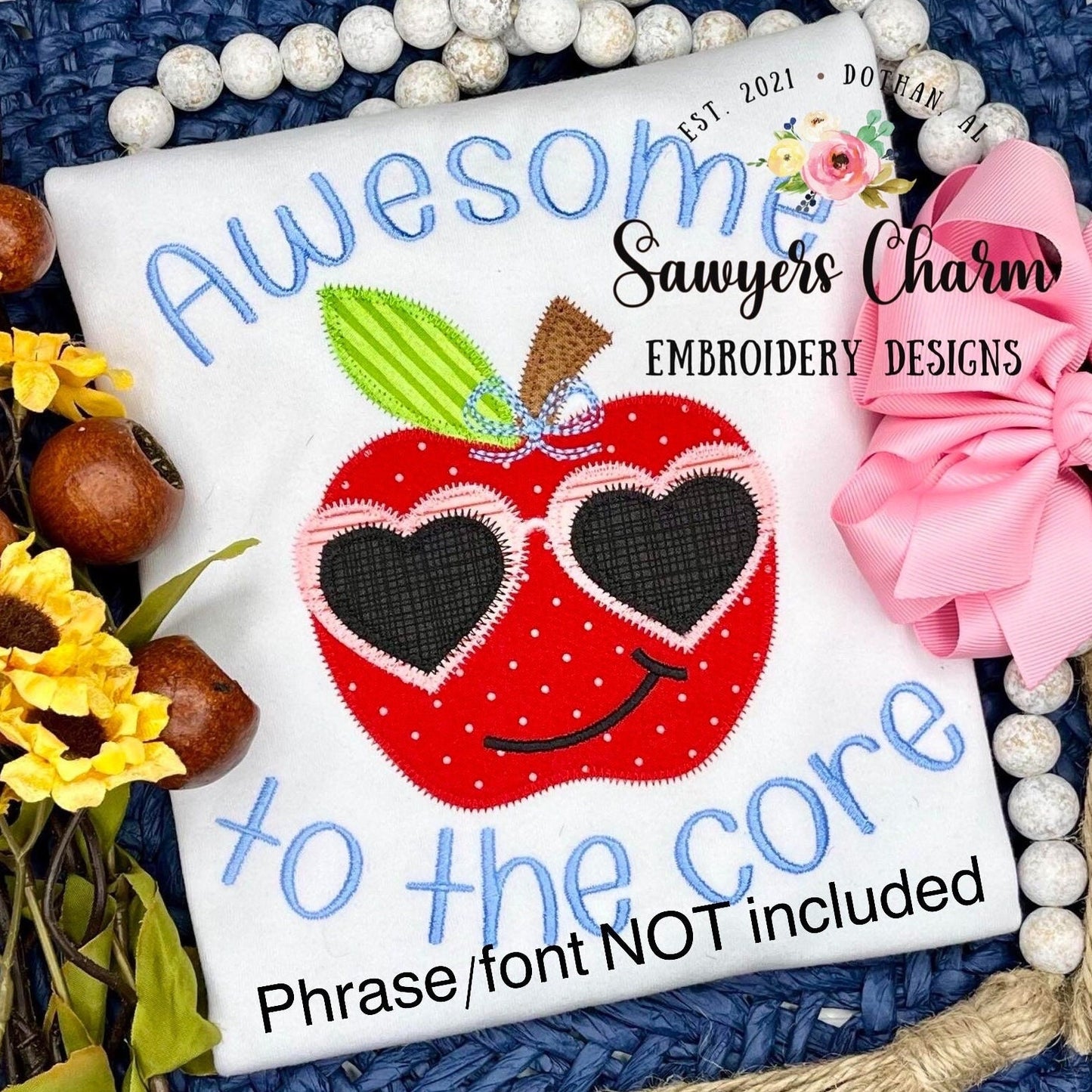 BUNDLE Apple with heart sunglasses and bow zigzag & bean stitch applique machine embroidery design file, dino, back to school, quick stitch