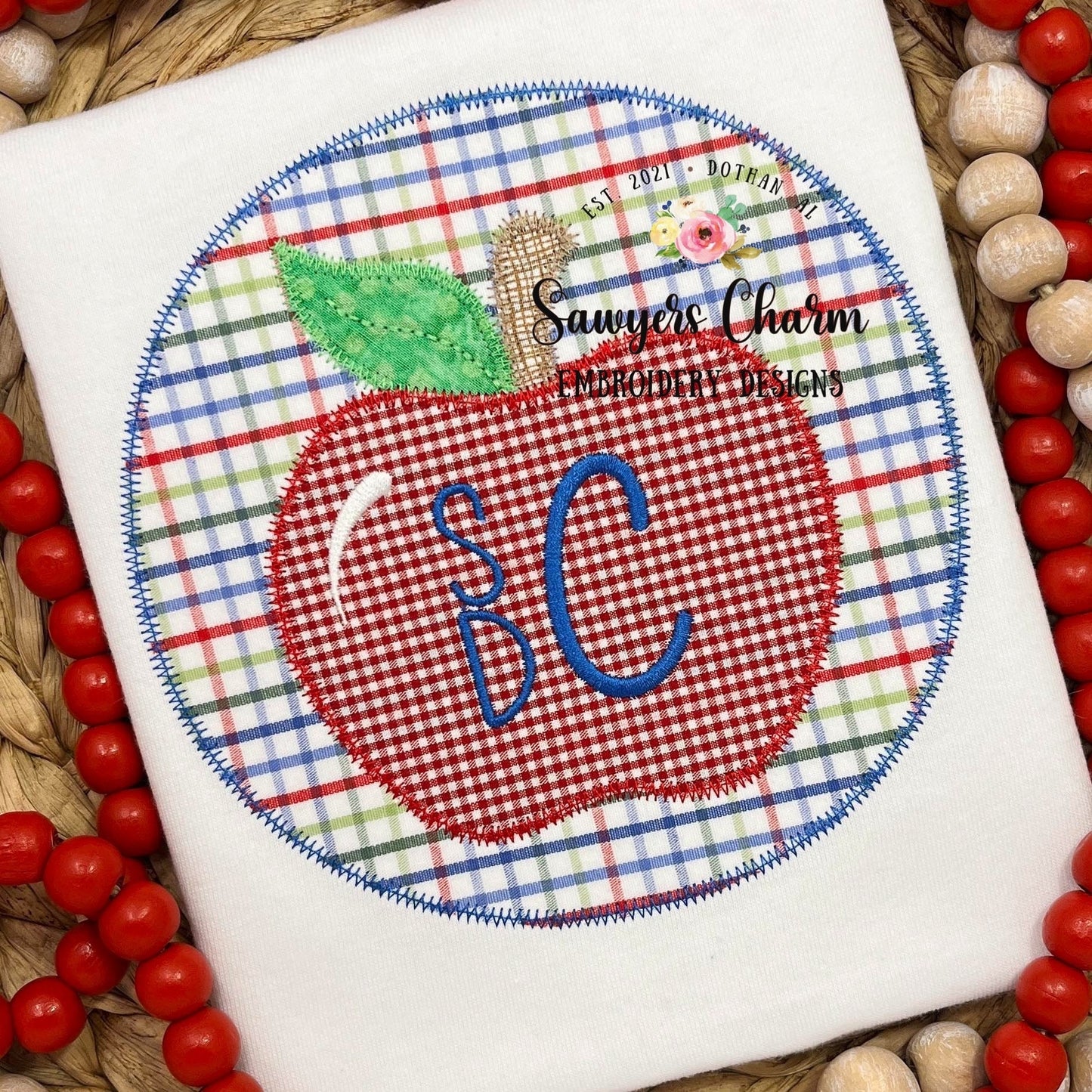 BUNDLE Apple in circle patch, bean & zig zag stitch applique machine embroidery design file, back to school, quick stitch