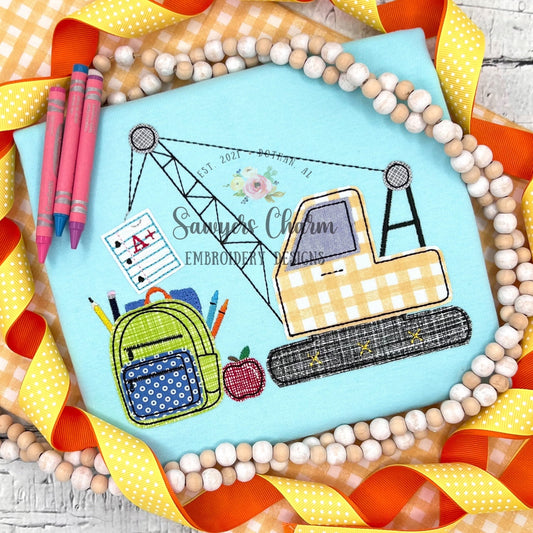School crane bean stitch machine applique embroidery design, quick stitch, construction digger truck transportation, backpack, supplies