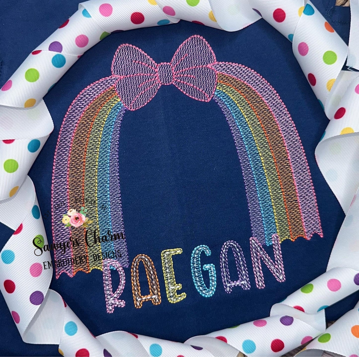 Boho bow with streamers rainbow sketch stitch machine embroidery design file, coquette, little girl, ribbons, bean stitch details, summer