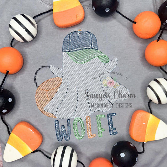 Ghost with ballcap & candy bucket sketch stitch machine applique embroidery design, quick stitch, fall, Halloween, spooky, trick or treat