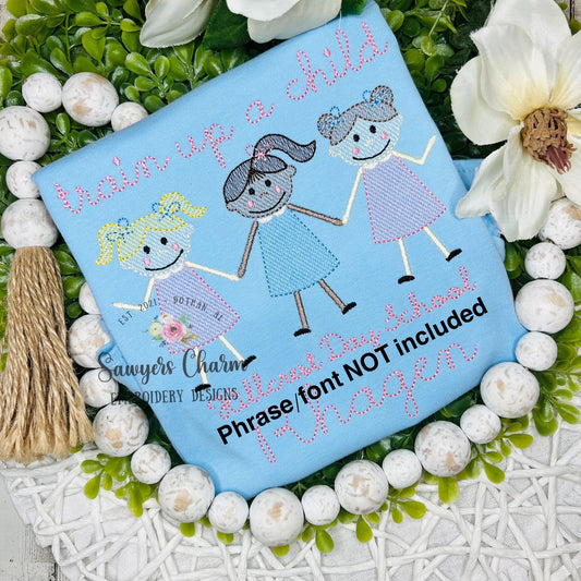 Girl best friends holding hands sketch stitch machine embroidery design file, quick stitch, dresses, summer, pigtails, bows, bun, ponytail