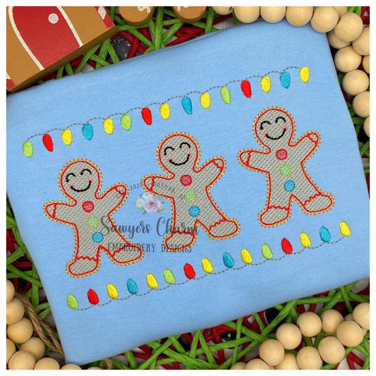 Gingerbread cookies with lights trio sketch stitch machine embroidery design file, HO HO HO, Merry Christmas, happy holidays, baking cooking