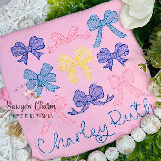 Grid of 9 bows sketch stitch with bean stitch details, machine embroidery design file, quick stitch, vintage retro, coquette, girl ribbons