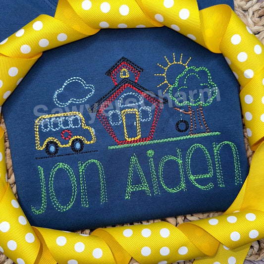 BUNDLE Squiggly Back to school bus, school house, tree with swing trio with/without bow, bean stitch embroidery design file, quick stitch